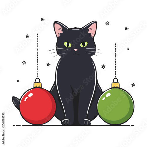 Black cat with Christmas ornaments
