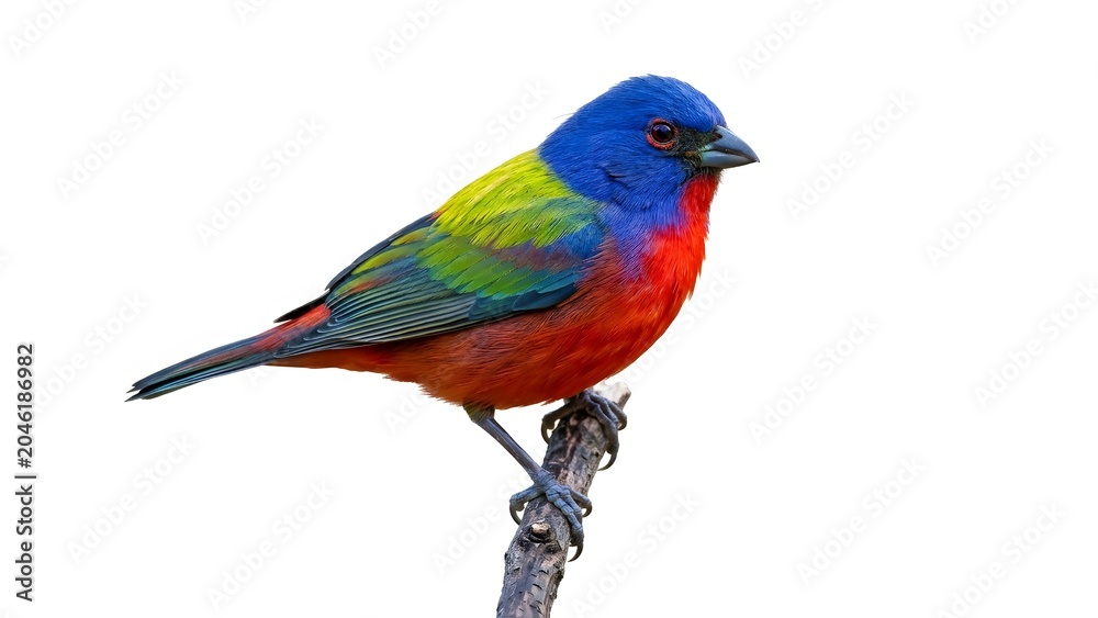 Obraz premium Colorful painted bunting bird perched on a small tree branch in the bright sunlight