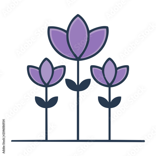 Flat design icon of three purple flowers on white background