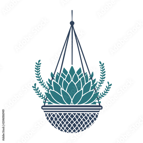 Flat design illustration of a hanging succulent plant in a basket