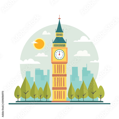 Flat design illustration of Big Ben clock tower in London
