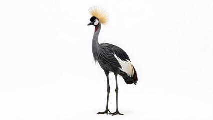 Full body portrait of a beautiful grey crowned crane bird standing in profile view