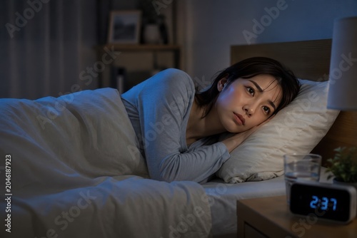 Obraz na płótnie 夜中に眠れず悩む日本人女性、不眠症・睡眠改善サービス向け広告イメージ