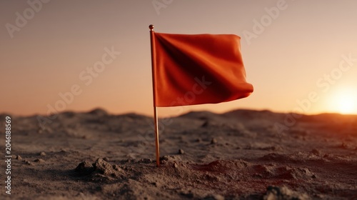 A red flag stands firmly planted in barren soil with a hazy sunset in the background, symbolizing caution or warning in a desolate landscape.