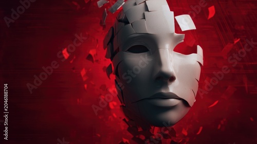 A fragmented white mask floats against a dark red background, with pieces breaking away, evoking themes of identity, fragmentation, and mystery.