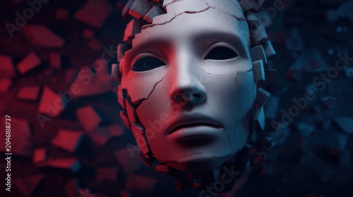 A cracked, fragmented humanoid face mask floats against a dark, abstract background with red and blue lighting.