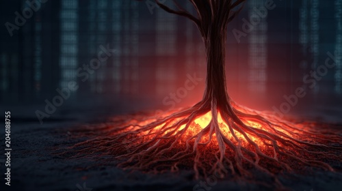 A glowing tree root system spreads fiery light beneath a dark, digital matrix-like background, symbolizing energy flow and connection between nature and technology.