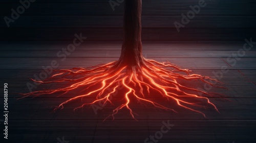 A glowing red network resembling tree roots extends from a dark tree trunk against a textured background.