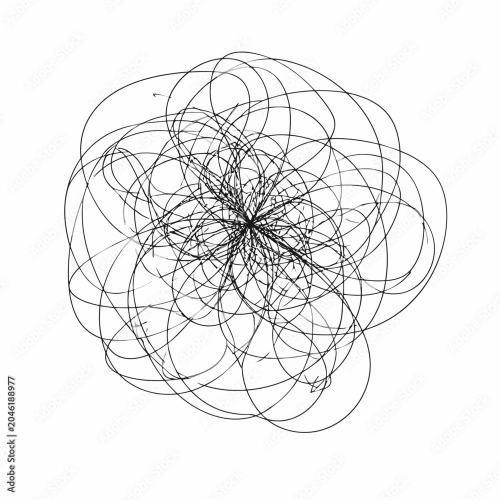 Obraz premium Abstract vector illustration featuring a complex circular pattern of tangled black lines on a clean white background, creating a dynamic visual effect.