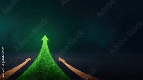 Green arrow glowing upward between two smaller arrows, symbolizing growth, progress, and success on a dark background.