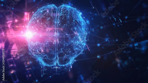 Glowing digital brain with pink light, futuristic AI concept