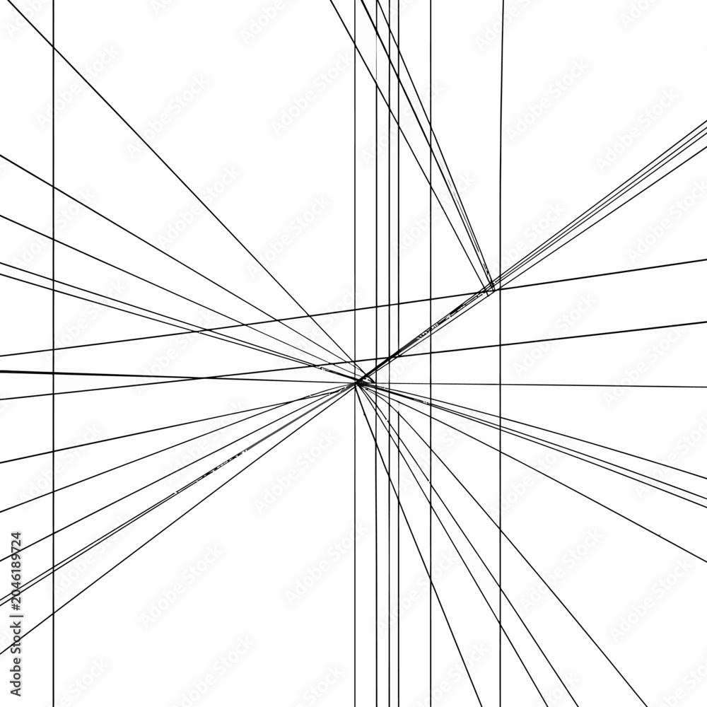 Fototapeta premium Abstract vector illustration of converging black lines on a white background, forming a geometric perspective grid with a central vanishing point