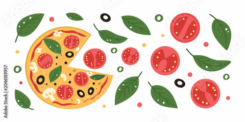 Bild auf Leinwand Margherita Pizza Illustration With Sliced Tomatoes And Basil Leaves