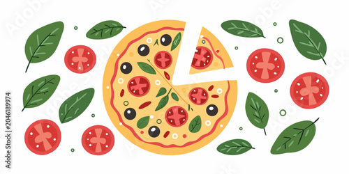 Bild auf Leinwand Margherita Pizza Illustration With Tomatoes Basil And Olives
