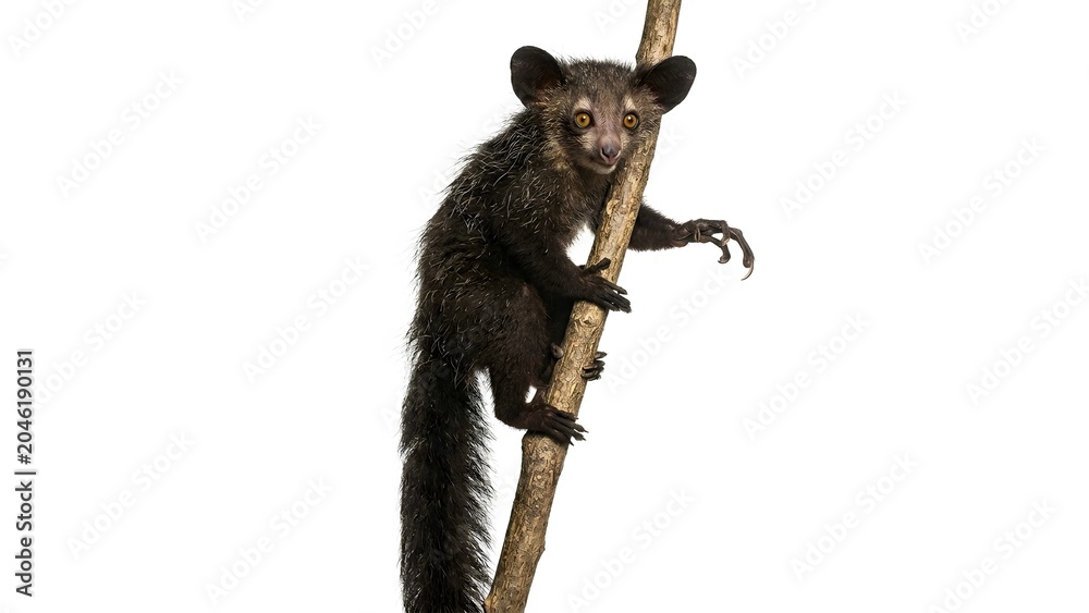 Fototapeta premium A rare aye-aye lemur climbing on a wooden tree branch in the wild
