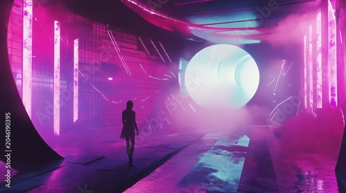 Woman walking towards neon light in futuristic tunnel