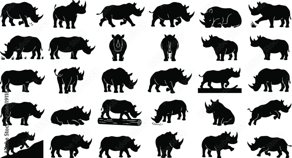 Obraz premium Rhino Silhouette Pose Set – Safari Horned Animal Black Vector Pack