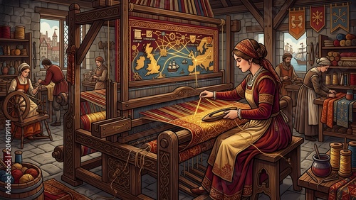 Woman weaving traditional fabric on a wooden loom in an old vintage workshop room