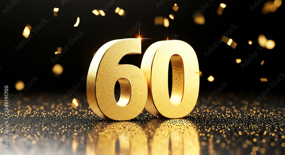 Fototapeta premium Stylish golden 3D number sixty floating above a dark, glittery surface with confetti sparkles for festive celebration or milestone event.