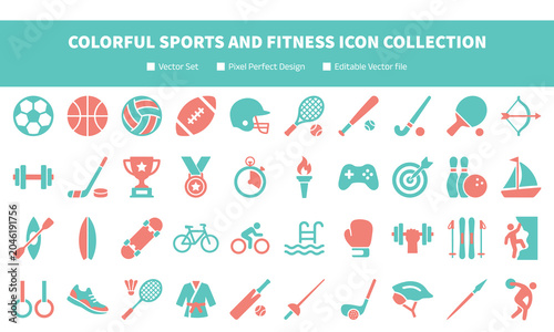 Photography Colorful Sports and Fitness Icon Collection with Football Cycling Gaming Swimmin