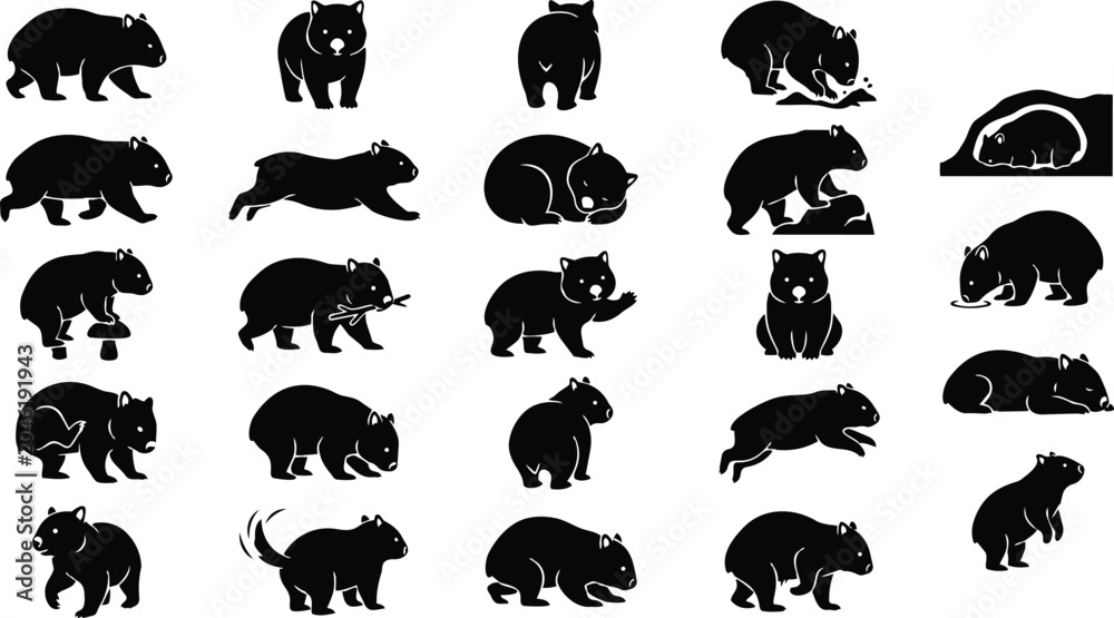 Obraz premium Wombat Silhouette Pose Set – Forest Burrow Animal Black Vector