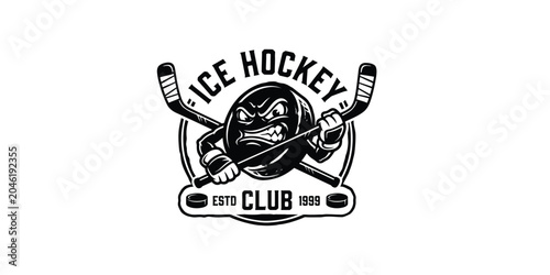 Photography Vintage ice hockey club emblem with angry puck mascot and crossed sticks