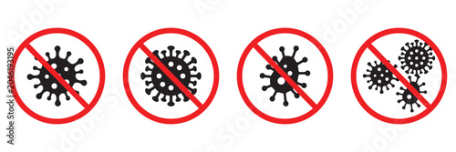 Anti bacteria and stop virus prohibition red sign vector icon collection set.