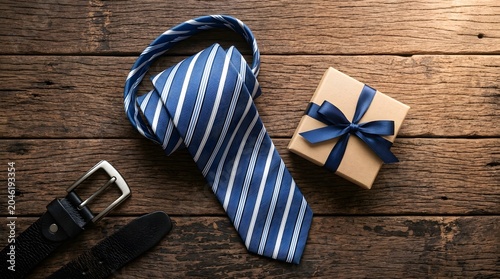 Father day gift ideas blue striped tie leather belt and present box on rustic wood