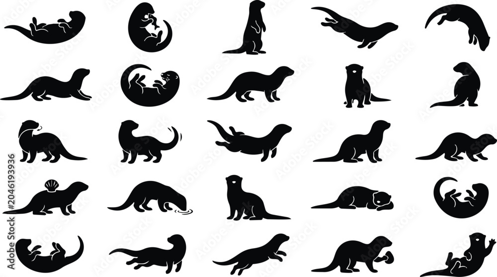 Obraz premium Otter Silhouette Pose Set – River Wildlife Animal Black Vector