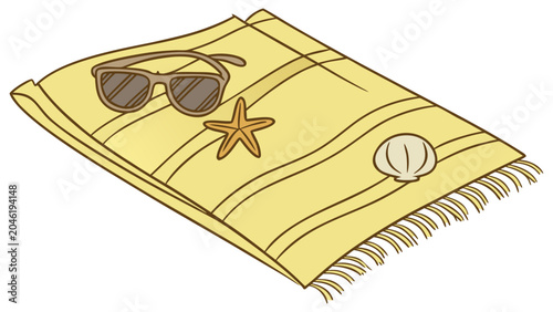 Quadro em tela Beach towel with sunglasses and seashell
