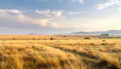 Golden grasslands under blue cloudy sky.