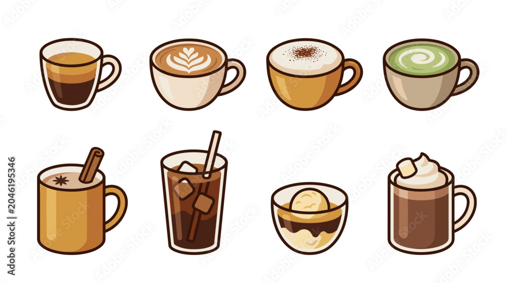 Obraz premium Pixel art style set of various coffee drinks including espresso, latte, cappuccino, matcha, hot cocoa, iced coffee, affogato, and whipped cream mocha for cafes and menus