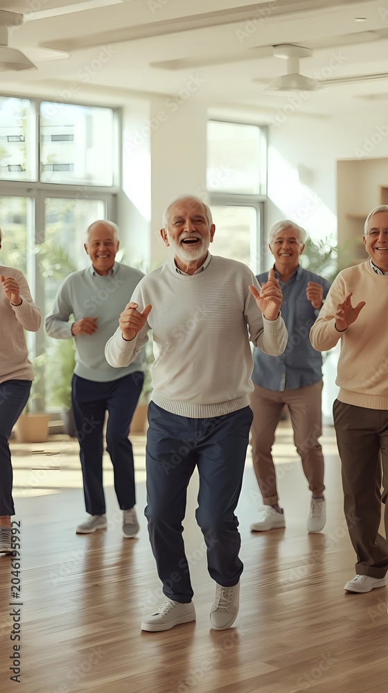 Fototapeta premium Group of active seniors dancing and laughing together in bright modern community center