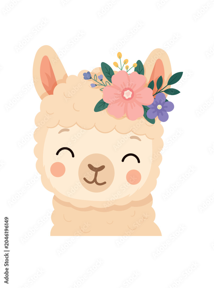 Fototapeta premium Cute smiling alpaca with fluffy fur and floral crown in flat vector style. Adorable animal character isolated on white background for nursery decor designs.