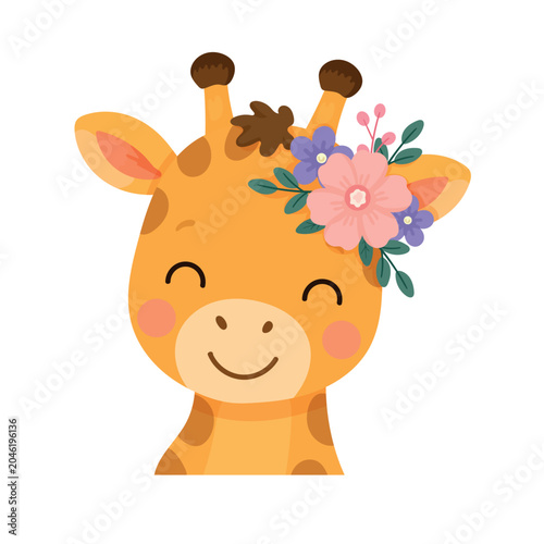 Φωτογραφία Cute smiling giraffe with a floral crown in flat vector style