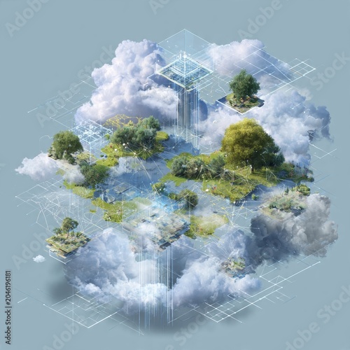 Conceptual bio-sphere: Floating island landscape integrated with digital networks