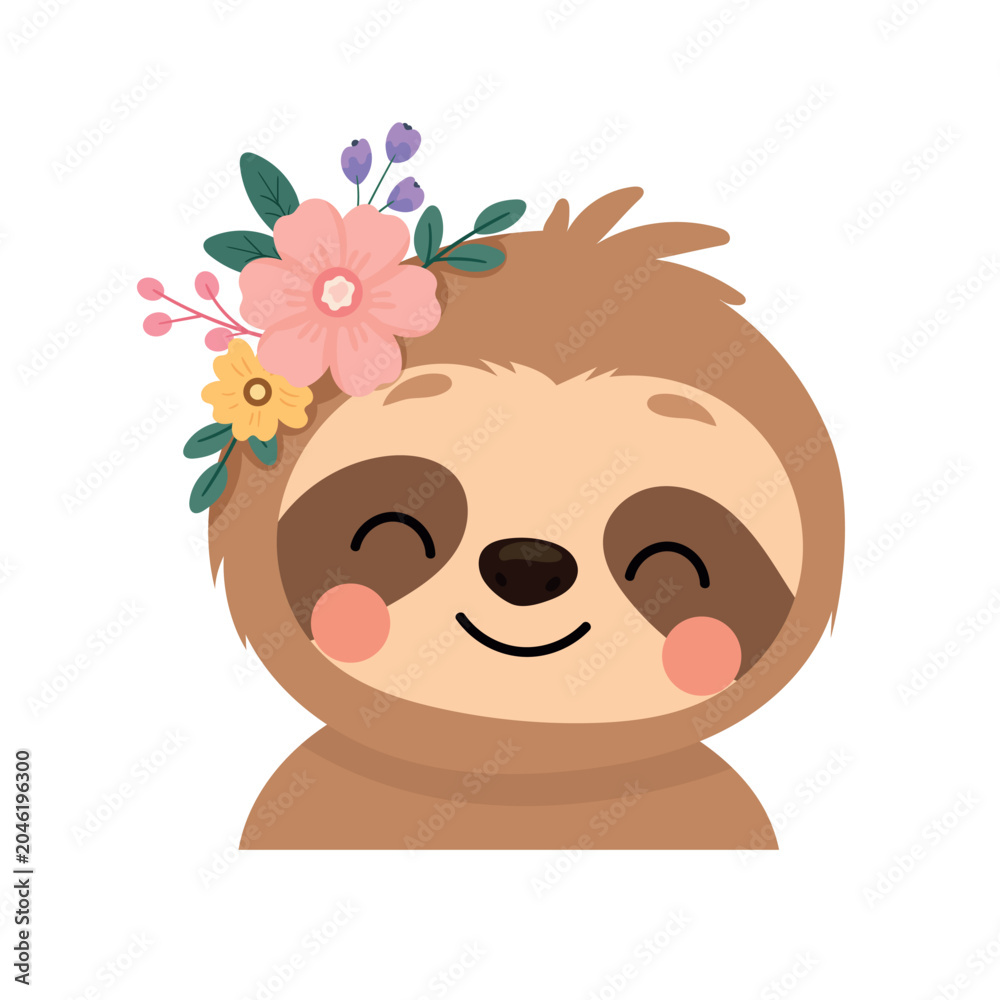 Obraz premium Cute flat vector illustration of a smiling sloth character with rosy cheeks and a colorful floral crown, isolated on a white background. Adorable nursery animal design.