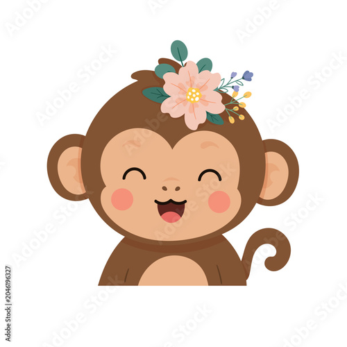 Canvas Print Cute flat vector illustration of a smiling monkey character with rosy cheeks and a delicate floral crown, isolated on a white background