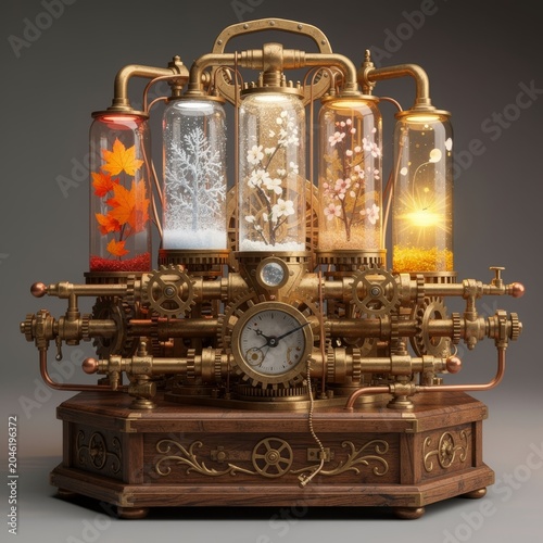 Steampunk Victorian Clockwork Engine Apparatus on Wooden Base
