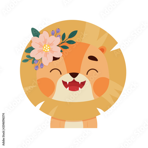 Slika na platnu Cute flat vector illustration of a smiling lion character with rosy cheeks and a beautiful floral crown, isolated on a white background