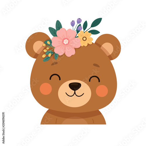 Εκτύπωση καμβά Cute flat vector illustration of a smiling bear character with rosy cheeks and a colorful floral crown, isolated on a white background