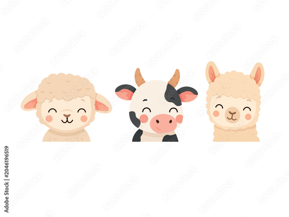 Fototapeta premium Cute collection of smiling farm animal portraits featuring a sheep, cow, and alpaca in a flat cartoon vector style, perfect for nursery, kids, and educational designs.