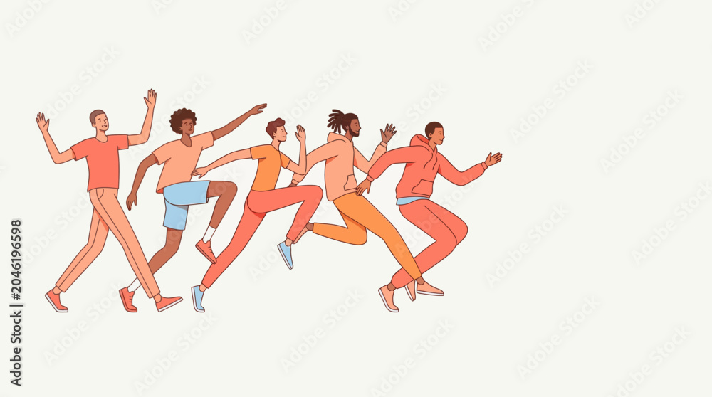 Obraz premium Group of Diverse Men Running and Moving Forward Together Flat Line Art Illustration for Teamwork and Community Concepts