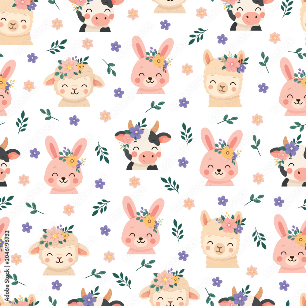 Naklejka premium Seamless pattern featuring cute rabbit, sheep, alpaca, and cow characters with floral crowns, surrounded by pastel flowers and leaves in a flat vector style.