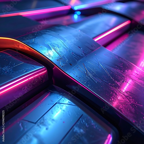 Neon lit metallic surface closeup detail.
