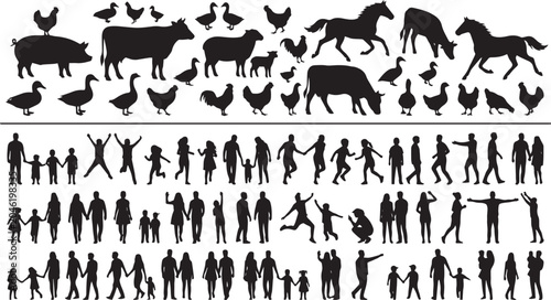 Tablou pe pânză Black silhouette vector bundle featuring diverse farm animals and large crowds o