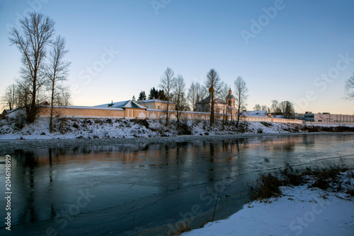 The Msta River and the Holy Spirit Jacob Borovichi Monastery. Borovichi, Novgorod Oblast, Russia