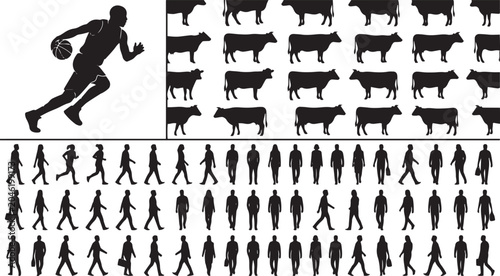 Quadro em tela Black silhouette vector bundle featuring a basketball player, a herd of cows, an
