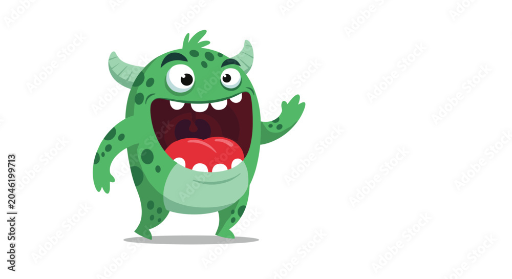 Fototapeta premium Funny green monster with horns and spots laughing loudly with its mouth wide open, featuring a big red tongue and small sharp teeth.
