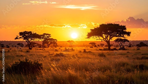 Sunset over savannah with trees.
